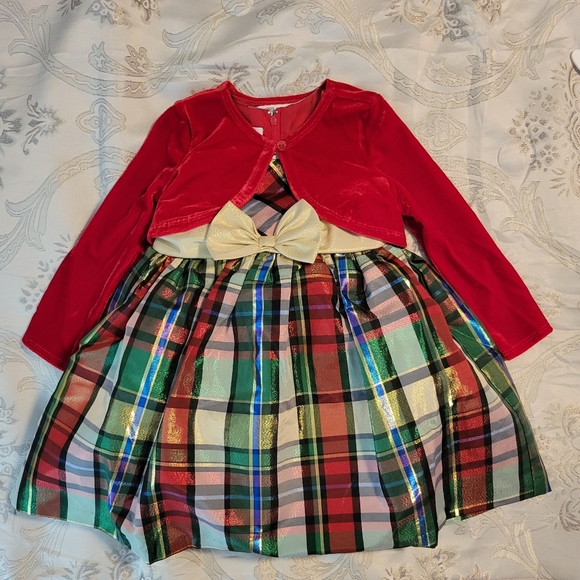 Bonnie Jean Other - NWT! Bonnie Jean Plaid Metallic Dress & Red Velvet Bolero. Sz 2T